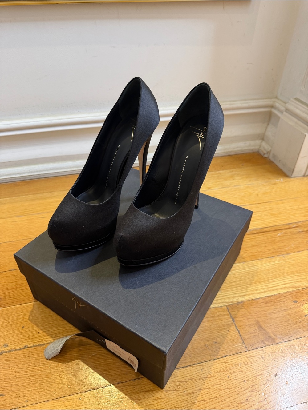 Giuseppe Zanotti Black Satin Platform Stiletto Pumps